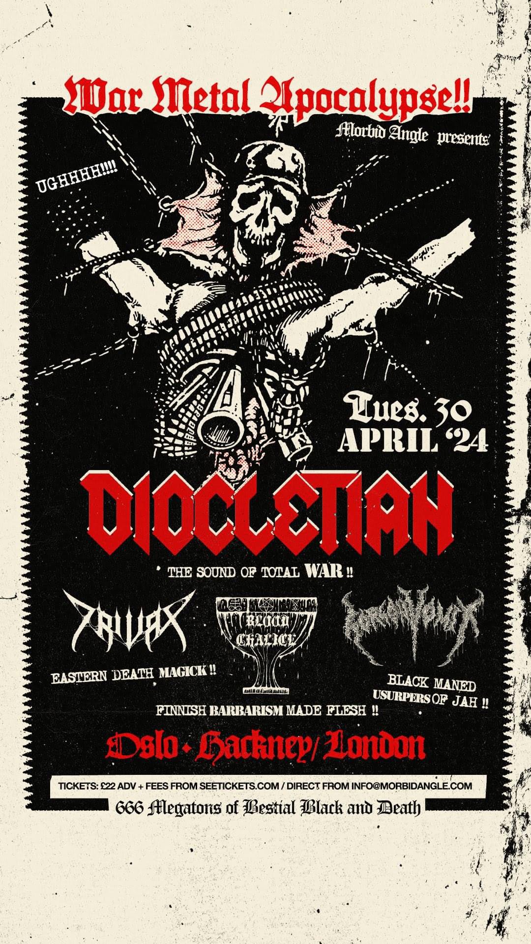 Diocletian, Trivax, Blood Chalice, Gorgonvomit. Oslo Hackney, London. Tuesday 30th April 2024